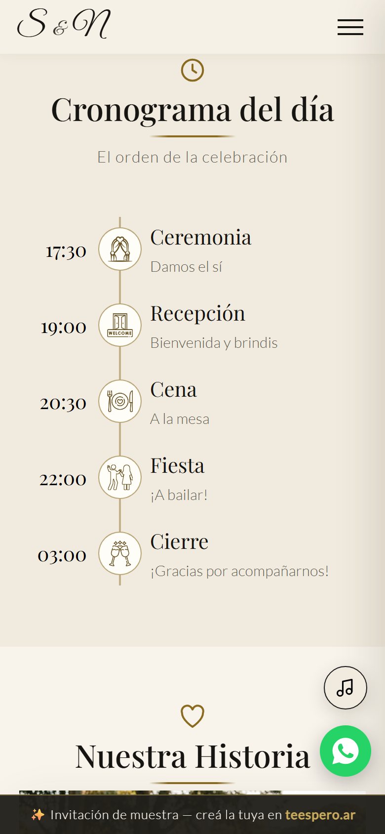 Cronograma del día de una invitación de casamiento: ceremonia, recepción, cena, fiesta y cierre, con horarios