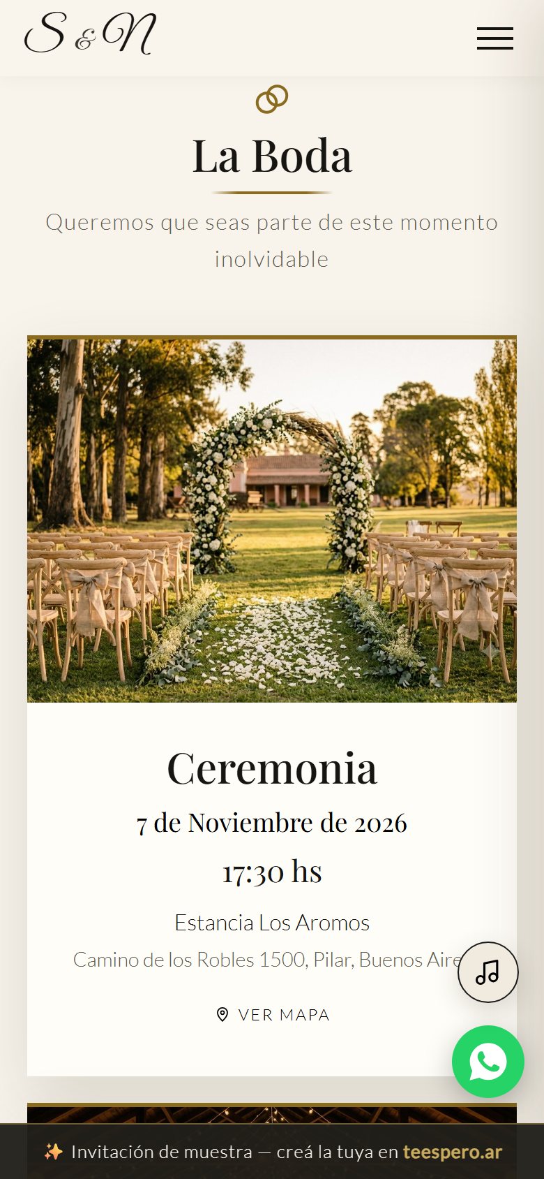 Sección del evento en una invitación digital: foto del lugar de la ceremonia, fecha, hora, dirección y botón para ver el mapa