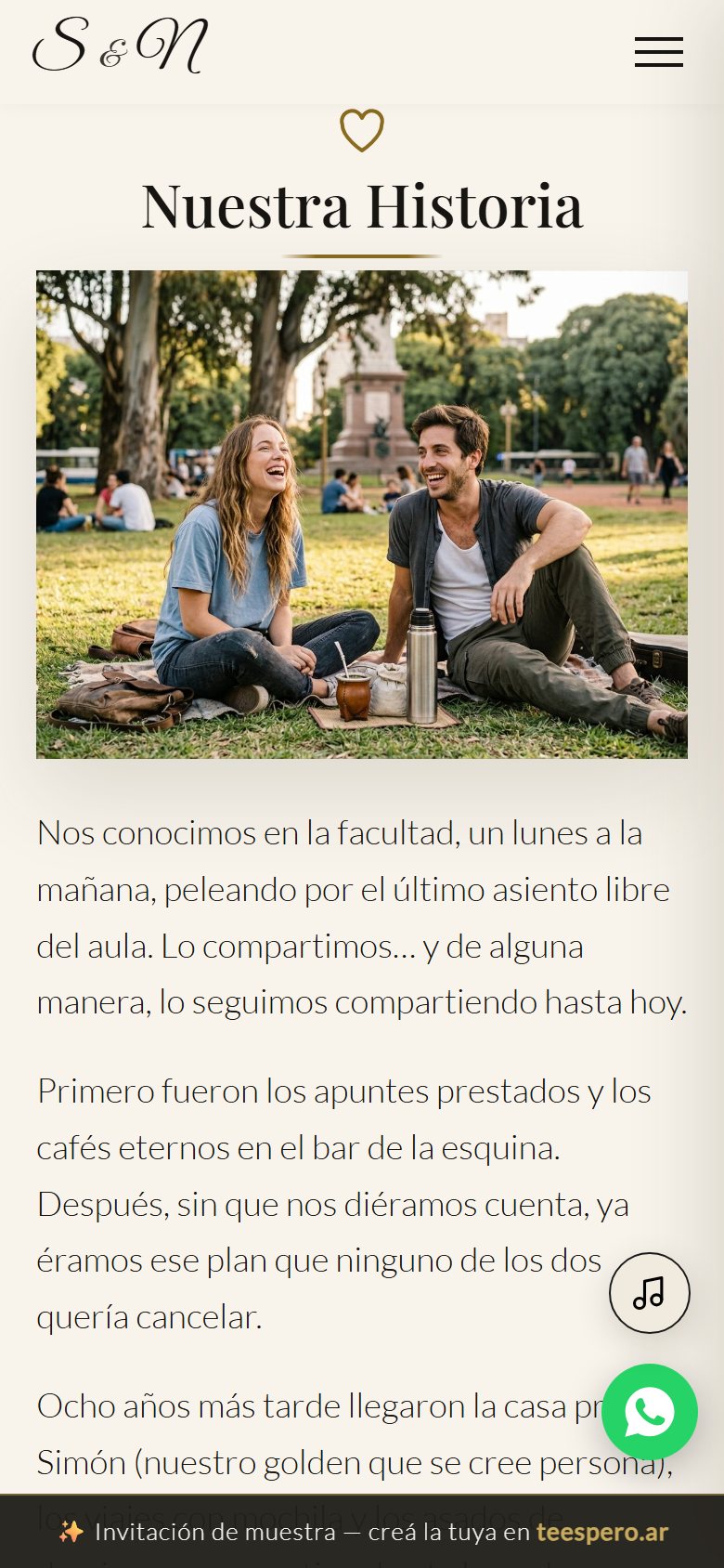 Sección Nuestra Historia de una invitación digital, con foto de la pareja y el relato de cómo se conocieron