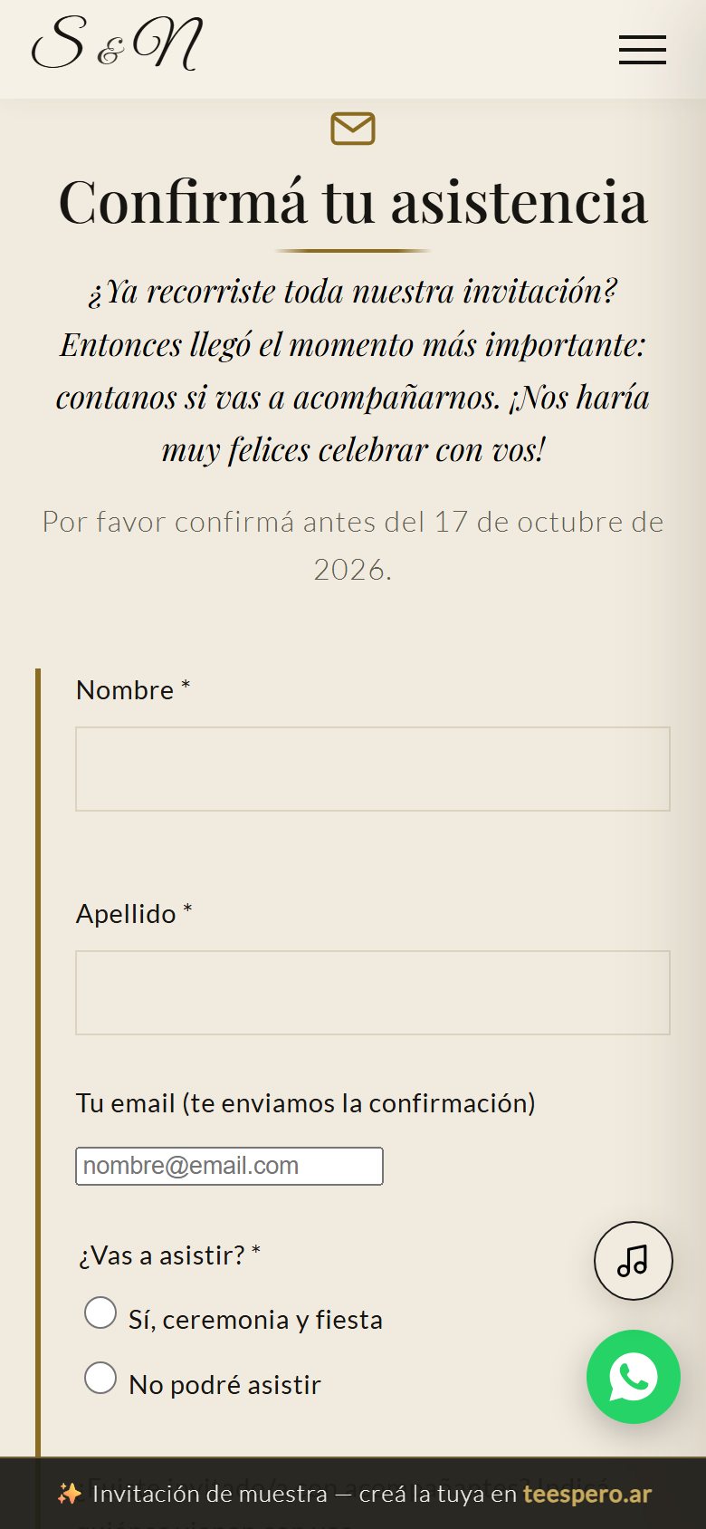 Formulario de confirmación de asistencia de la invitación digital, con campos de nombre, email y opciones de asistencia
